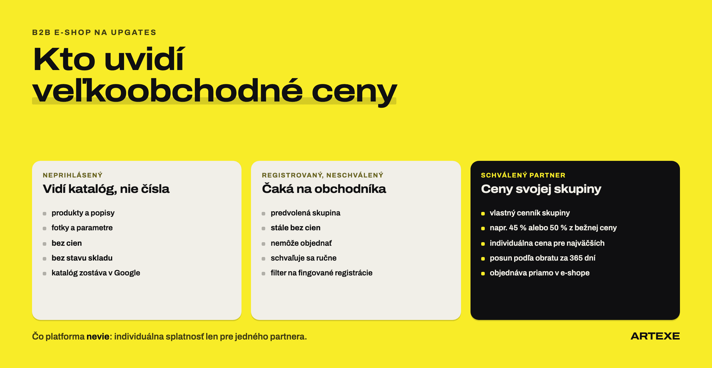 Tri úrovne prístupu k veľkoobchodným cenám: neprihlásený návštevník bez cien, registrovaný a neschválený zákazník čakajúci na obchodníka, schválený partner s cenníkom svojej skupiny.